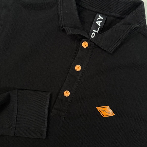Replay Other - Replay Mens Long Sleeve Polo Shirt Black Orange Logo Size Large Streetwear